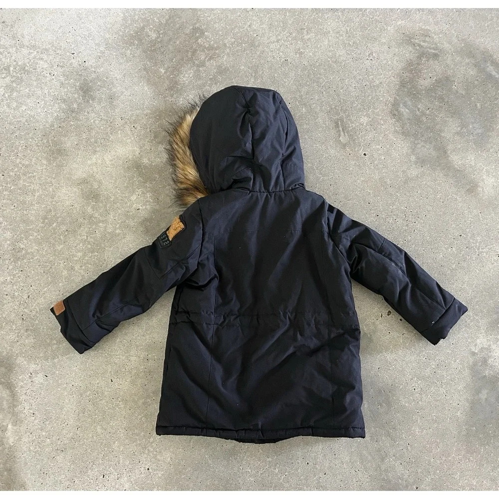 catimini Parka Puffer Jacket  Black‎ Faux Fur Hood Size 3 NWT